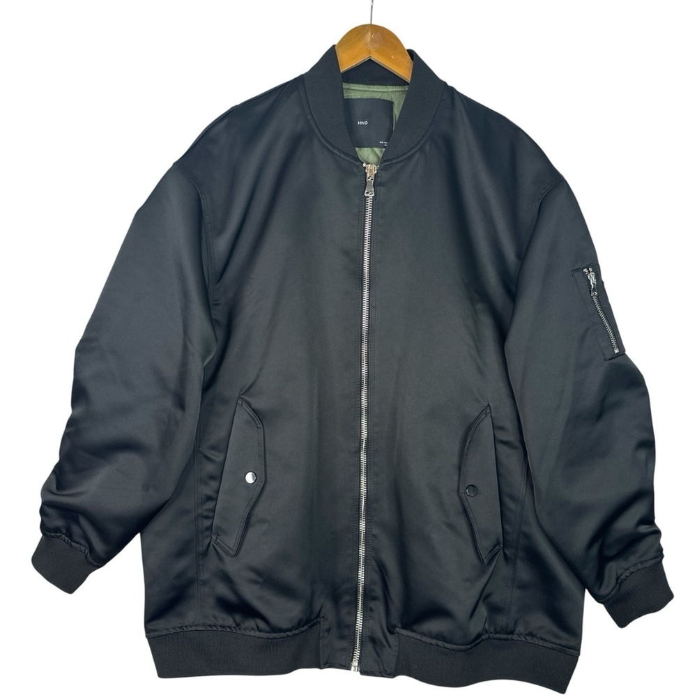 MNG Mango Mens Black Bomber Jacket L Oversized Quilted Lined MA-1 Zip Sleeve‎